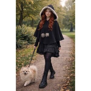 Self Esteem Faux Fur Hood Cape Poncho Black Wool Blend Boho Goth M